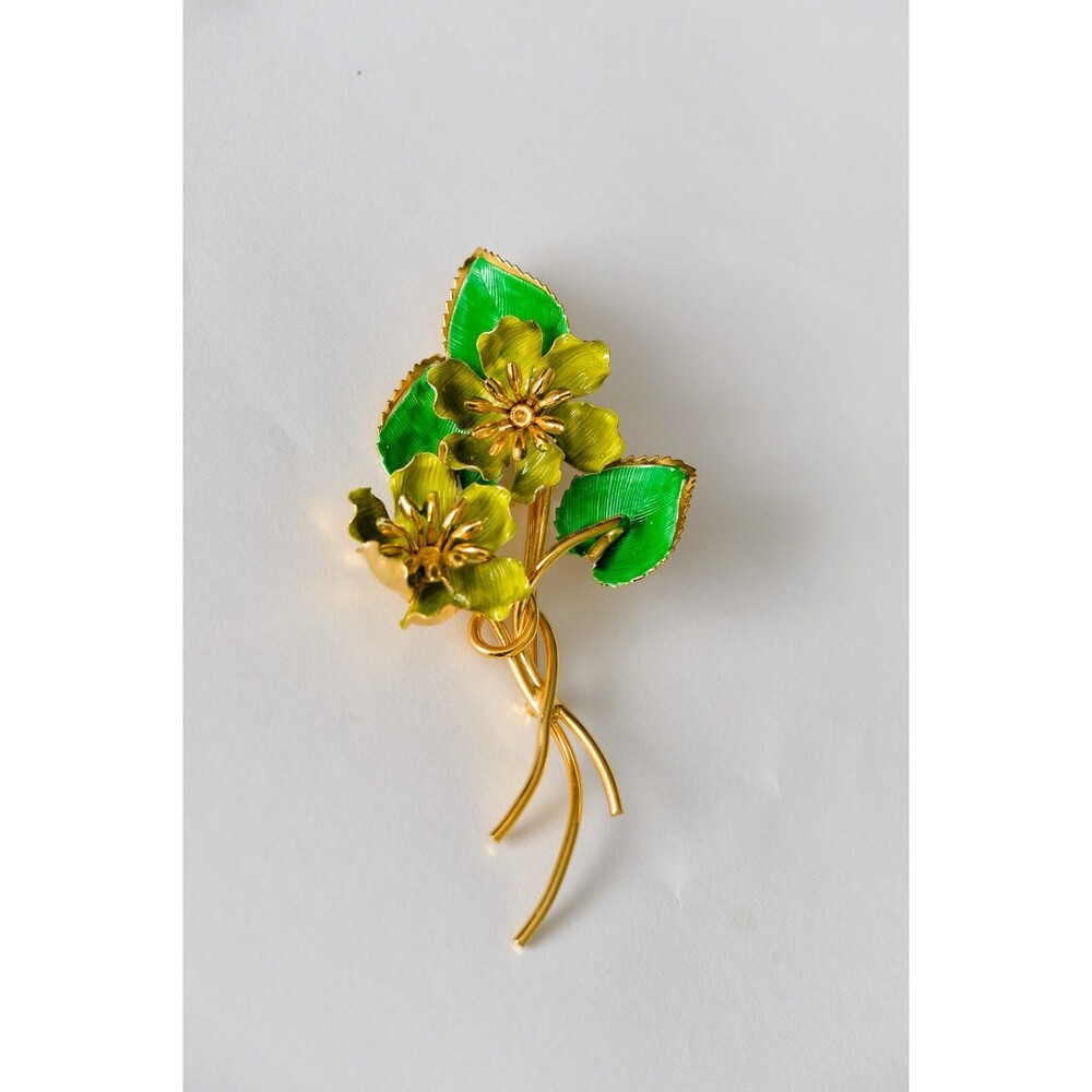 Vintage Gold Toned Green enamal flower leaves‎ brooch pin boutonniere